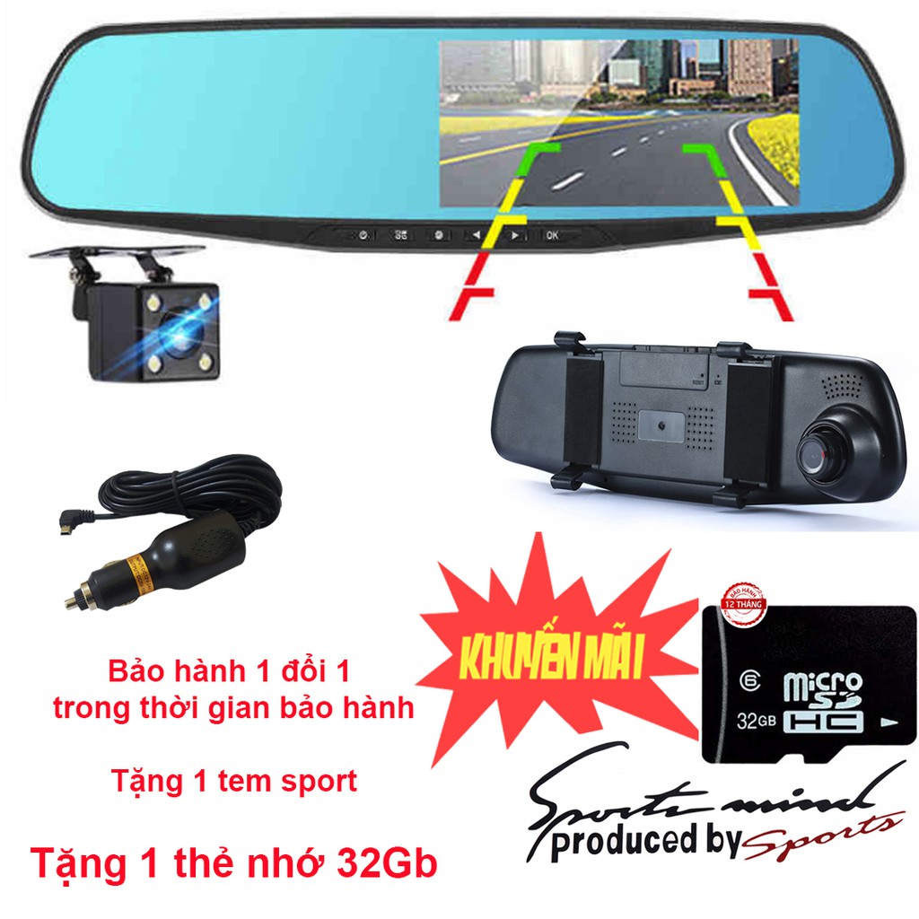 Camera hành trình ô tô, gắn gương chiếu hậu, gồm camera trước và sau, màn hình 4.3 inch, tặng 1 thẻ nhớ 32GB