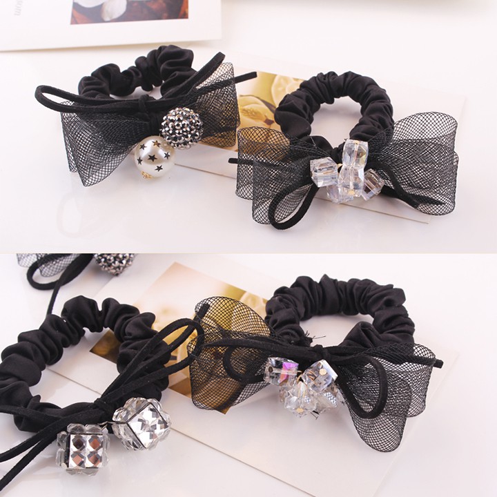 CH081 Cột tóc handmade 4 mẫu pha lê phối vải ren