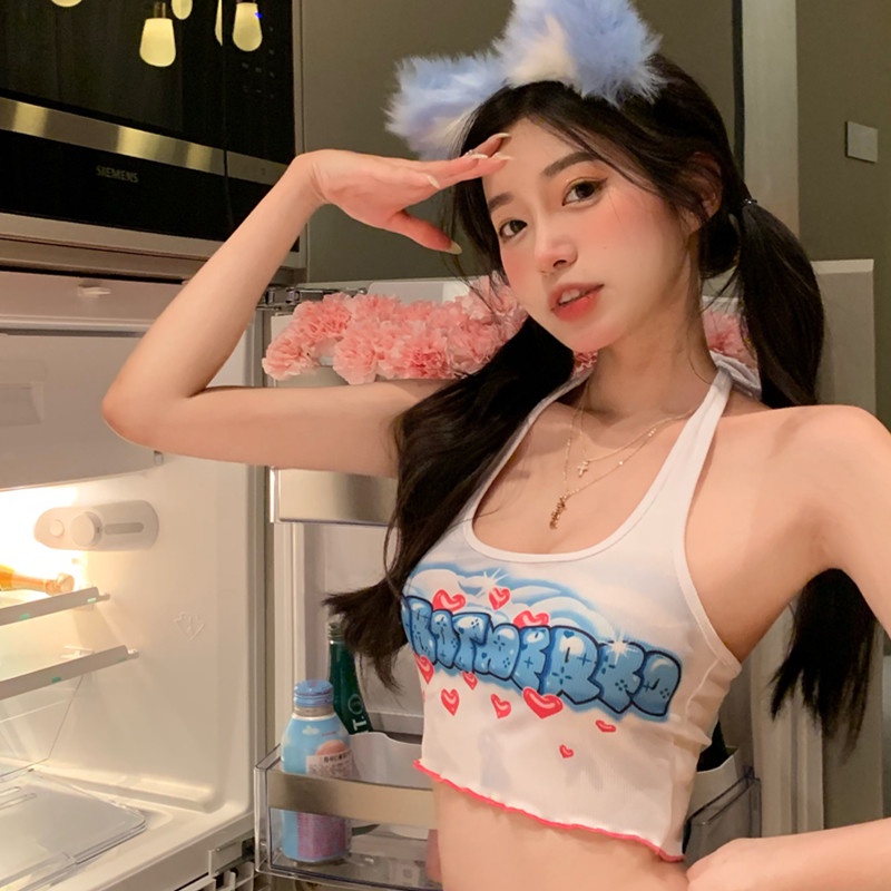HUANG YOYO Áo Hai Dây Dáng Ngắn In Chữ Phong Cách Hàn Quốc Thời Trang Cho Nữ