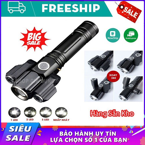 HÀNG XỊN Đèn pin Pin Cầm Tay 3 Pha Siêu Sáng Xoay 360 Độ Tiện Dụng, 3 bóng 4 chế độ sáng( BẢO HÀNH 1 THÁNG )