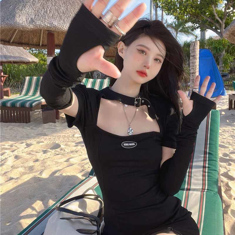 COZOK Đầm Ngắn Tay Cổ Vuông Phối Khóa Kéo Xinh Xắn Dành Cho Nữ