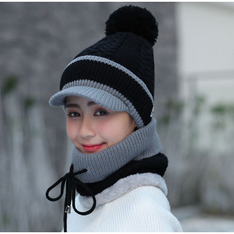 Khăn choàng cổ len nữ tặng kèm nón mũ y hình thời trang Hàn Quốc
