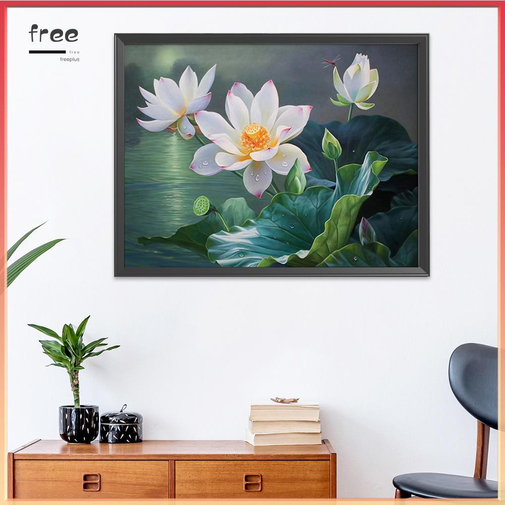 Tranh Thêu Chữ Thập Họa Tiết Hoa Sen Chân Thực Bắt Mắt Tự Làm 11ct 50x40cm