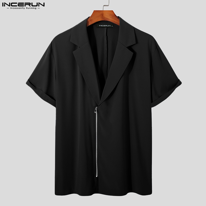 Áo sơ mi INCERUN tay ngắn màu trơn cổ bẻ phối khóa kéo thời trang mùa hè cho nam