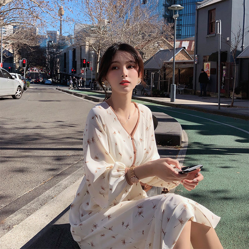 Đầm chiffon tay dài eo cao in họa tiết hoa thanh lịch cho nữ