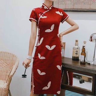 Đầm sườn xám nút mây thun dẻo in 3d