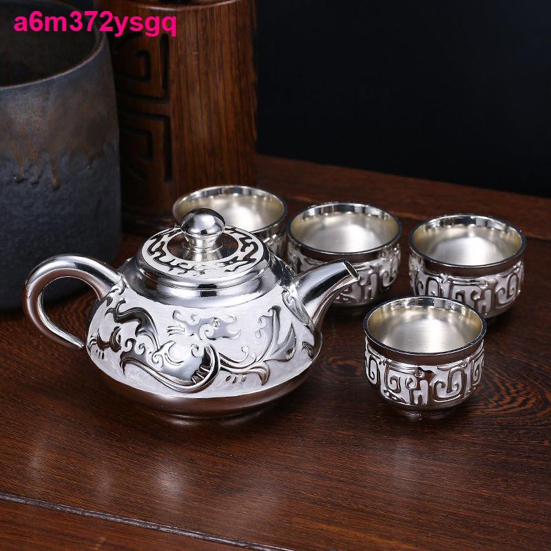 Totem rồng, bộ ấm trà bạc s999 phong cách Trung Quốc, rượu, khay, ấm, retro Châu Âu, quà tặng dịp lễ