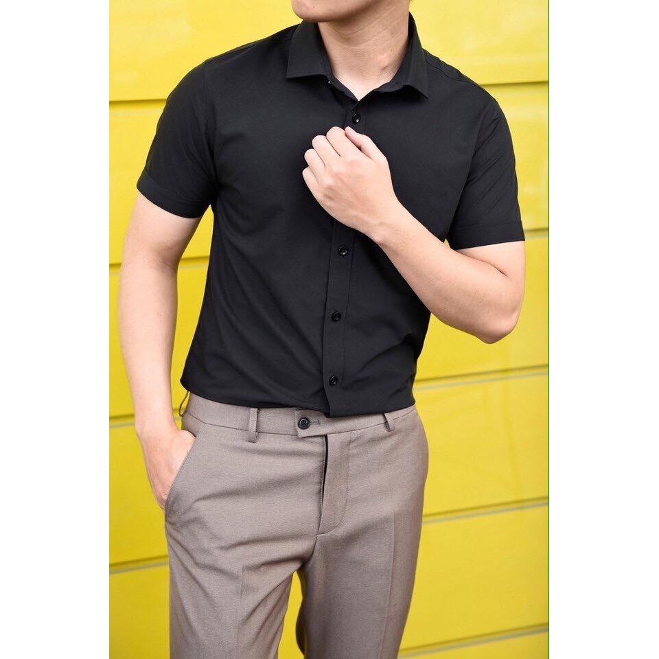 Áo sơ mi nam ngắn Tay Đen dáng body Hàn Quốc không nhăn, Áo sơ mi nam Ngắn Tay Đen | BigBuy360 - bigbuy360.vn