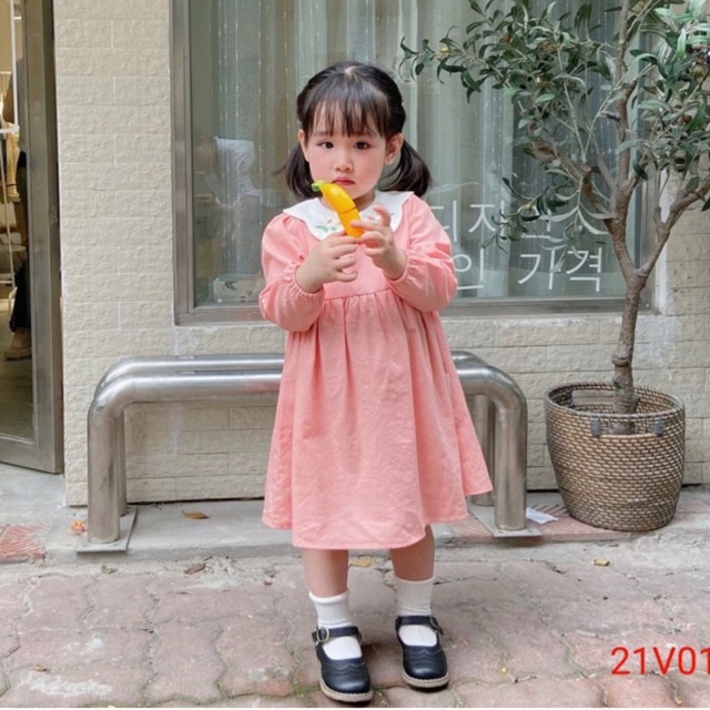 Váy nỉ xuất dư dáng baby doll hồng pastel cho bé, váy dài tay thu đông 2021