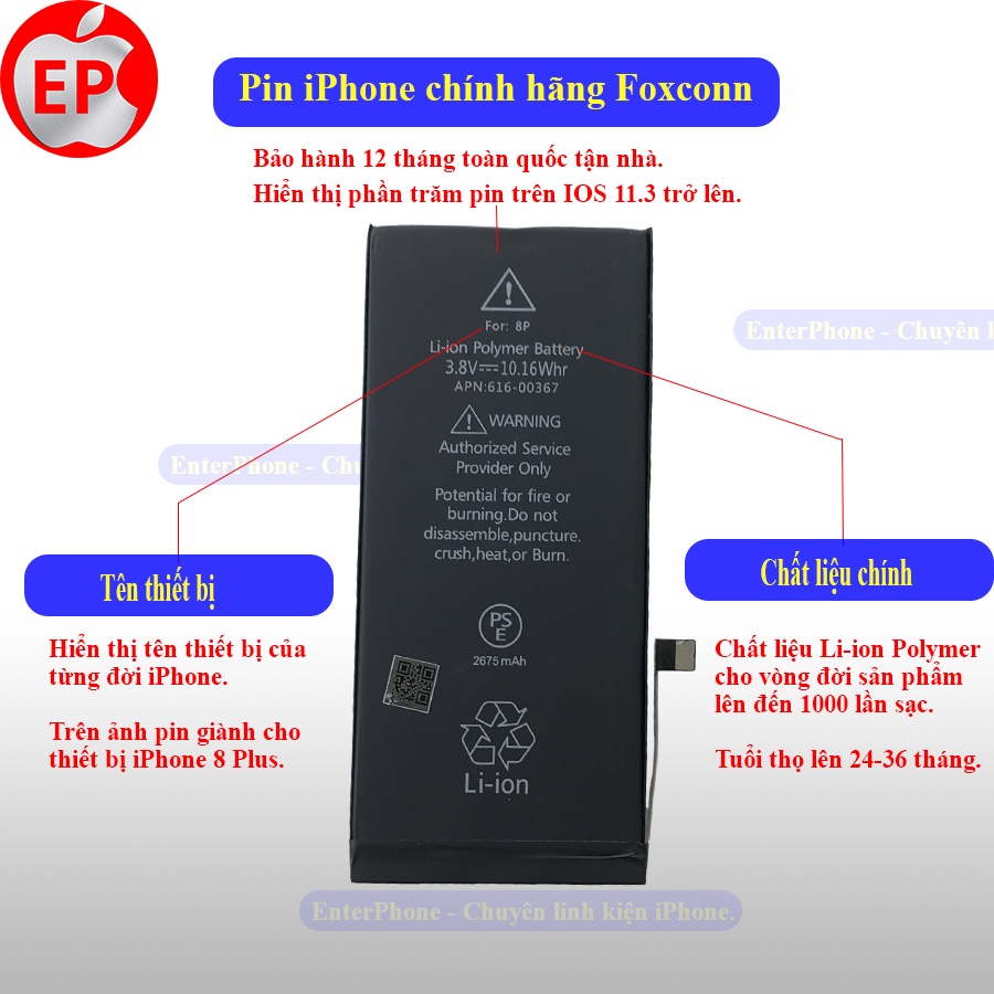 Pin iPhone 8/ 8 Plus chính hãng Foxconn bảo hành 12 tháng.