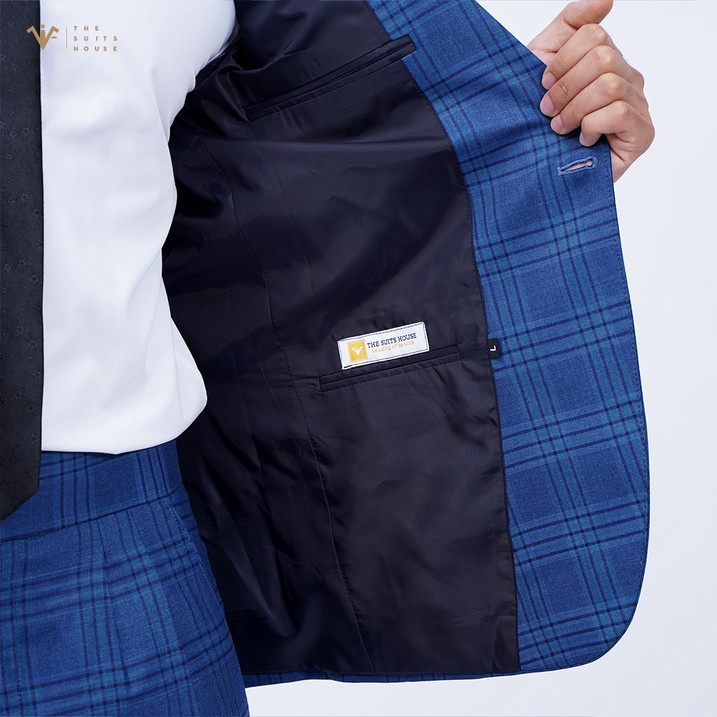 Bộ vest nam xanh kẻ ô, suits sartorial, 1 khuy 2 túi, form ôm The Suits House
