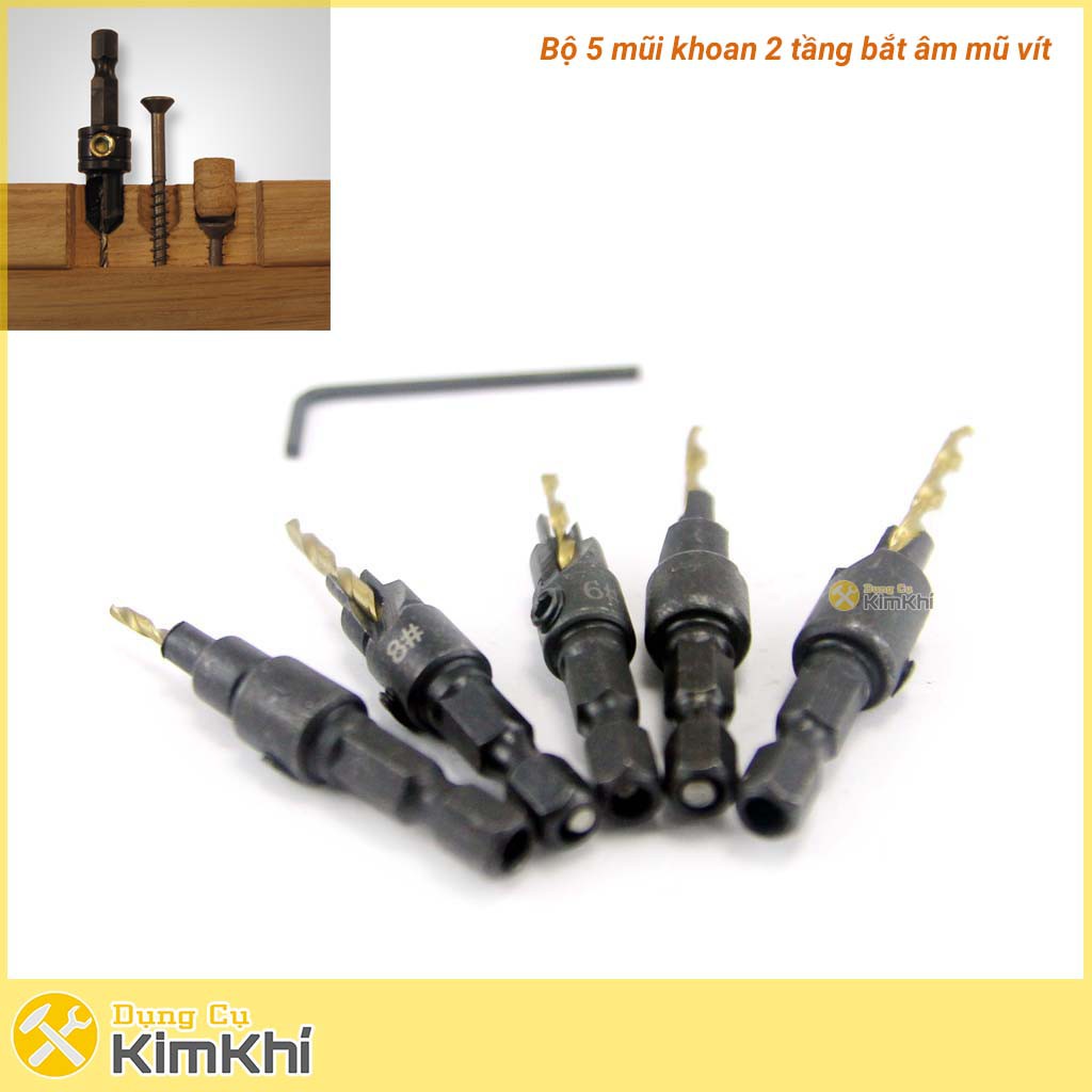 Bộ 5 mũi khoan 2 tầng chỉnh cữ bắt âm mũ vít 2-3.55mm khoan gỗ nhôm đuôi chuôi lục giác