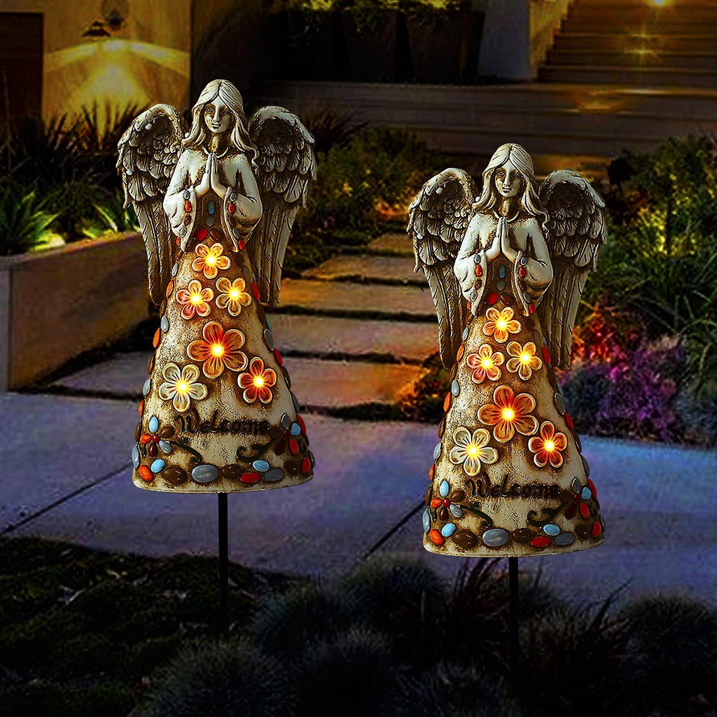 JANE Sculpture Outdoor Decor Memorial Gifts Figurine Solar Powerded Angel Garden Statue Yard/Lawn/Patio With 6 Warm LEDs Resin White Lights Porch Decoration