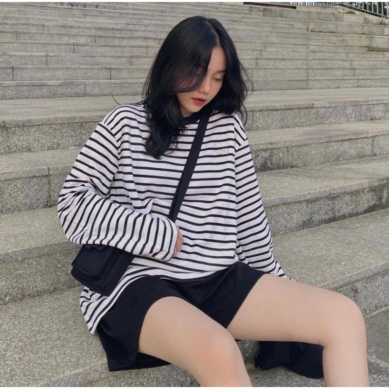 SÉT ÁO KẺ THỤNG DÀI TAY MIX MIX QUẦN ĐÙI THÊU CỰC XINH(kèm video ảnh thật)