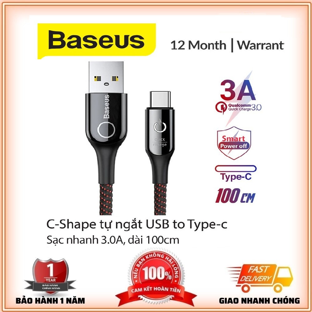 Dây Sạc Baseus Tự Ngắt Thông Minh Chân Type-C, Hỗ Trợ Sạc Nhanh 3.0 Fast Charge - 3A Quick Charge - Hàng Chính Hãng