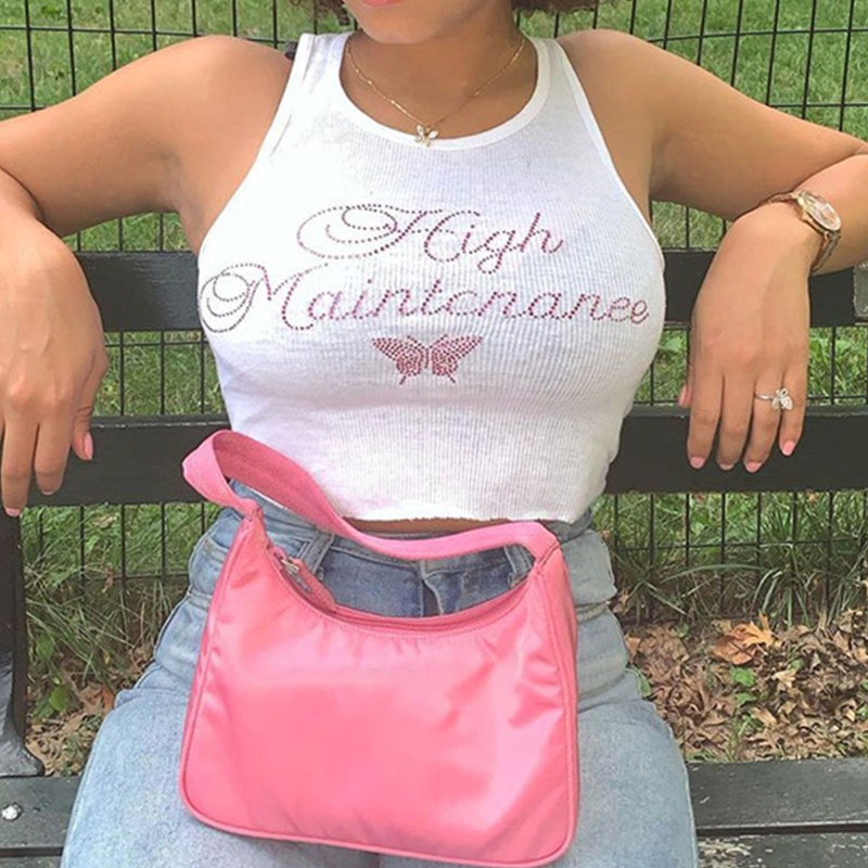 Brroa Áo Croptop Dệt Kim Không Tay Có Gân In Chữ Và Bướm Đính Đá Harajuku Cho Nữ