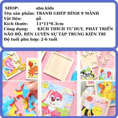 Tranh ghép hình 9 mảnh gỗ cho bé sáng tạo, Đồ chơi xếp hình 11X11cm phảt triển tư duy.abu.kids