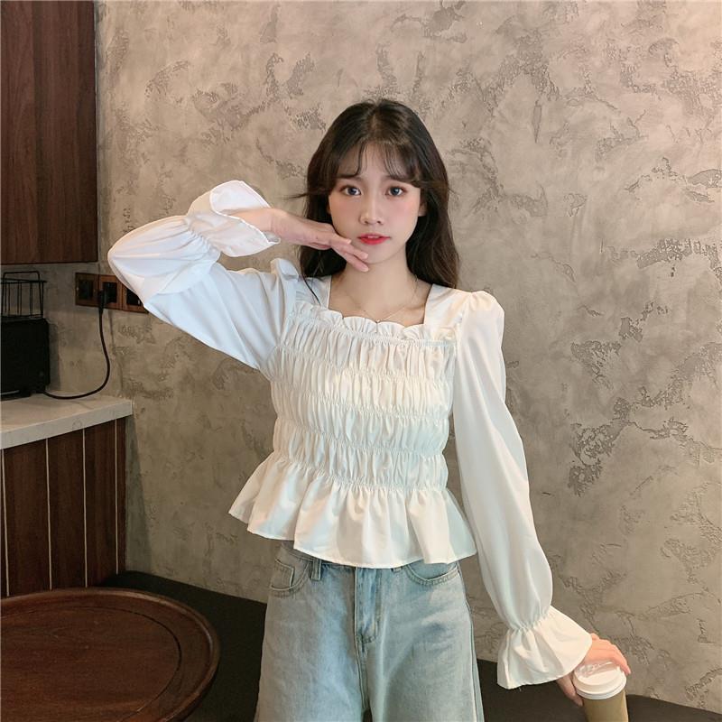 Áo Kiểu Nữ Korean Fashion new Blouse Square Collar Pleated Short Top White Long Sleeve Shirt