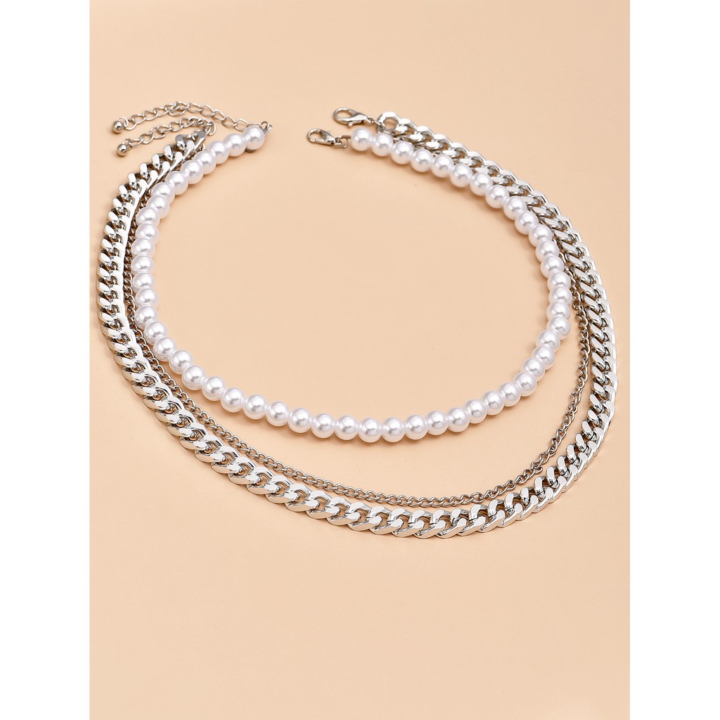 Vòng cổ choker bằng kim loại xỏ ngọc trai phong cách thời trang