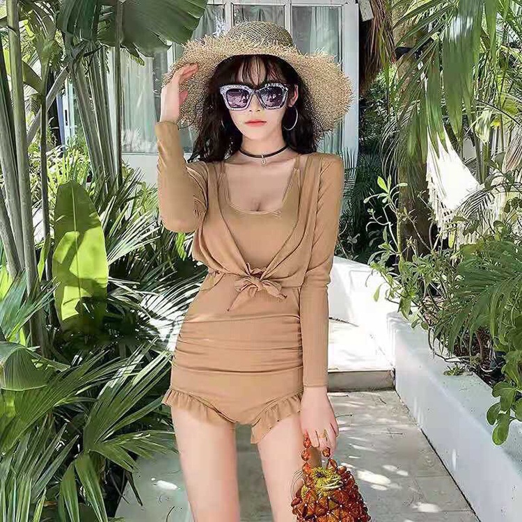 Bộ đồ bơi nữ bikini liền thân kèm áo khoác ngoài thời trang phối viền xếp ly