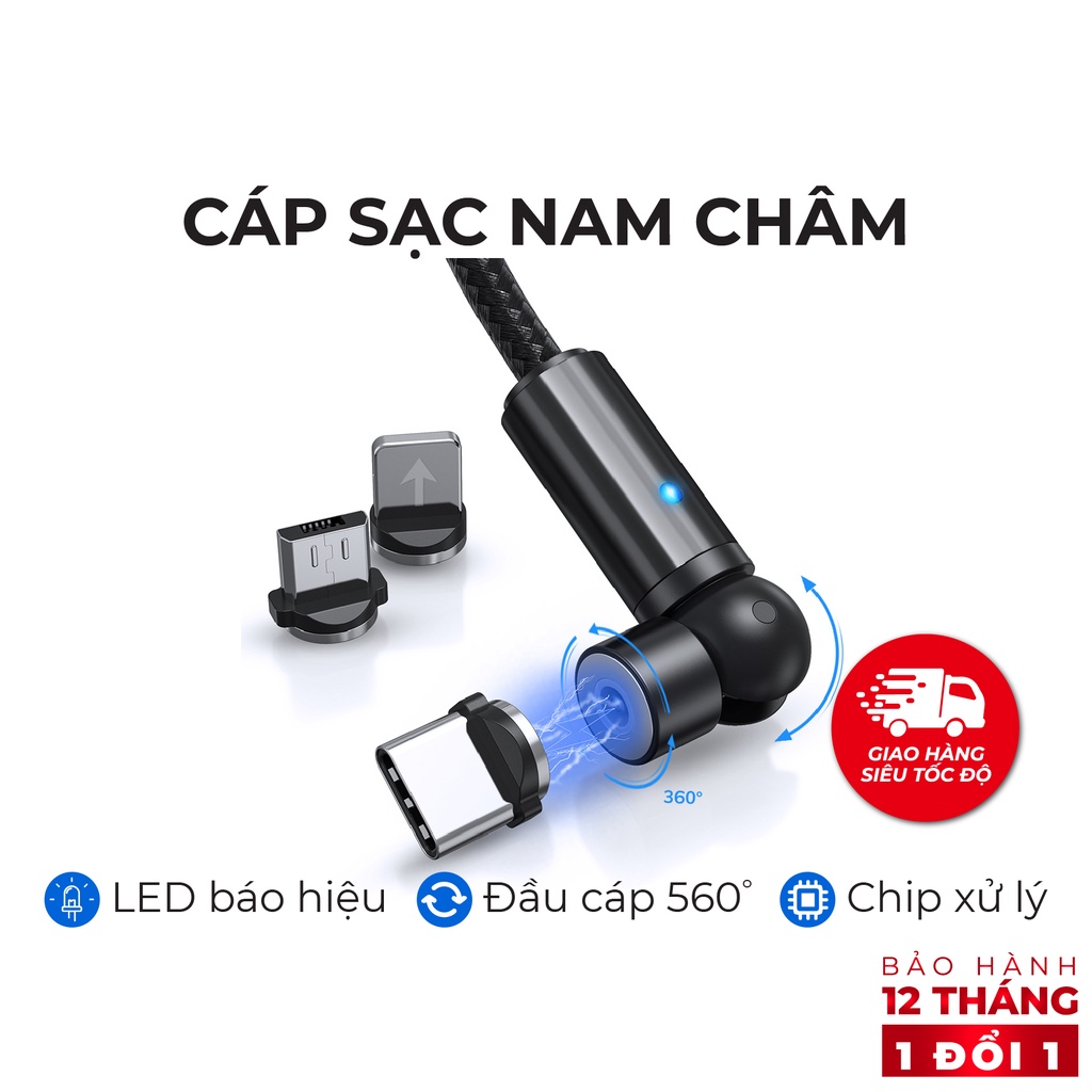 Dây sạc nam châm IPType-C Micro USB TOPK AM68-Sạc nhanh 3A Dây dù 1m-Hàng Bảo hành 12 tháng 1 đổi 1
