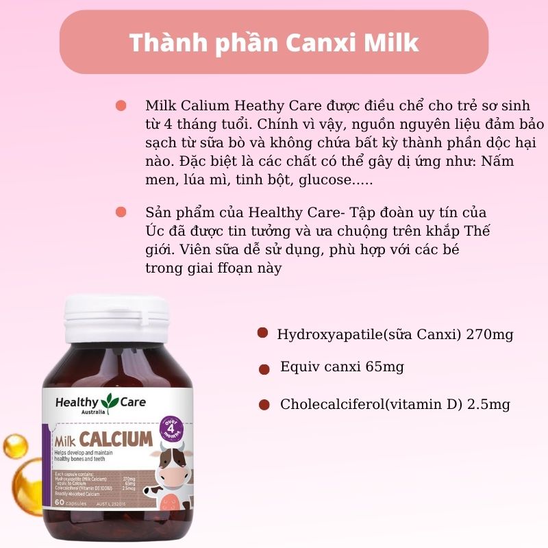 Canxi sữa Healthy Care Milk Calcium Bổ sung Canxi cho bé 60 viên Úc