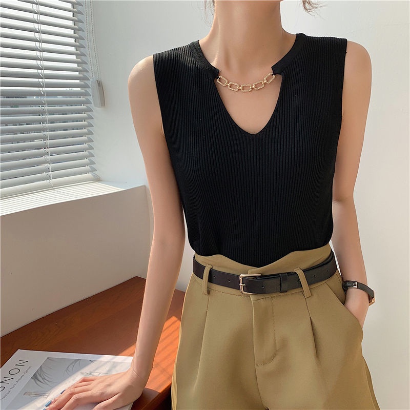 Áo Dệt Kim Không Tay Cổ Chữ V Form Ôm Thời Trang Mùa Hè