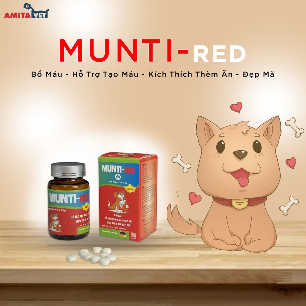 Bổ máu kích thích thèm ăn đẹp mã cho chó mèo Munti Red hộp 100 viên giúp thú cưng khỏe mạnh phát triển tốt