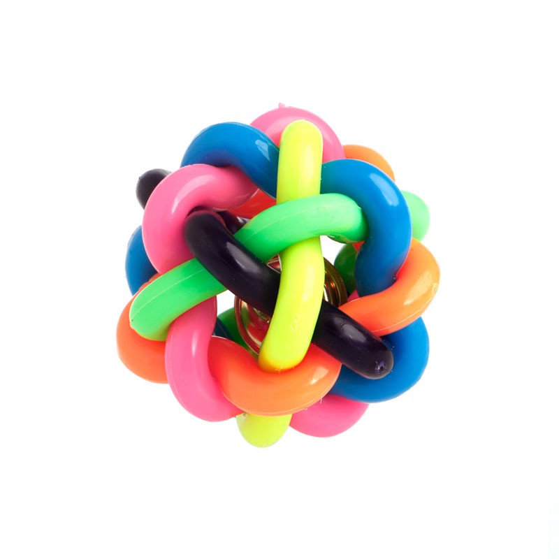 Đồ chơi nhai gặm hình bóng dây đan nhiều màu có lục lạc đường kính 6cm dành cho thú cưng