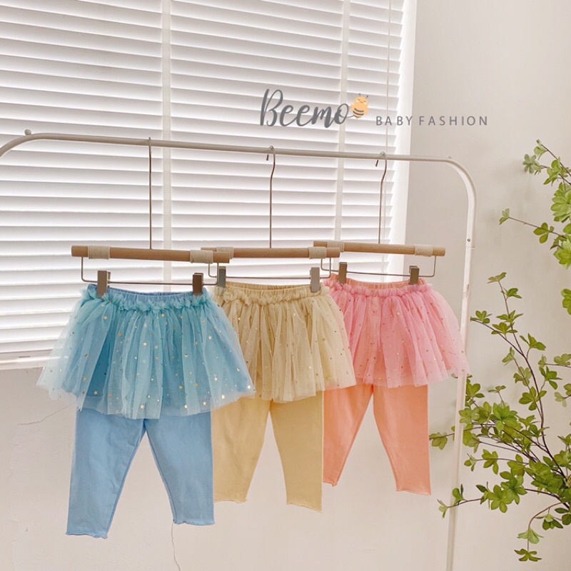 Quần legging chất cotton mix kèm chân váy voan hoạ tiết lấp lánh bồng bồng, lung linh cực điệu cho bé chính hãng Beemo