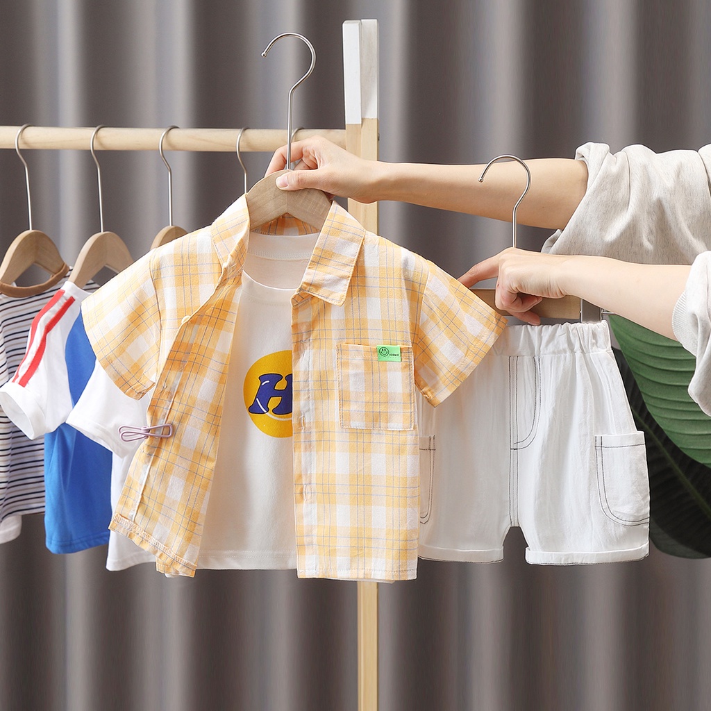 Set Áo Sơ Mi Tay Ngắn + Áo Ba Lỗ + Quần Short Cotton Họa Tiết Sọc Caro Thời Trang Mùa Hè Cho Bé Size 80-120cm
