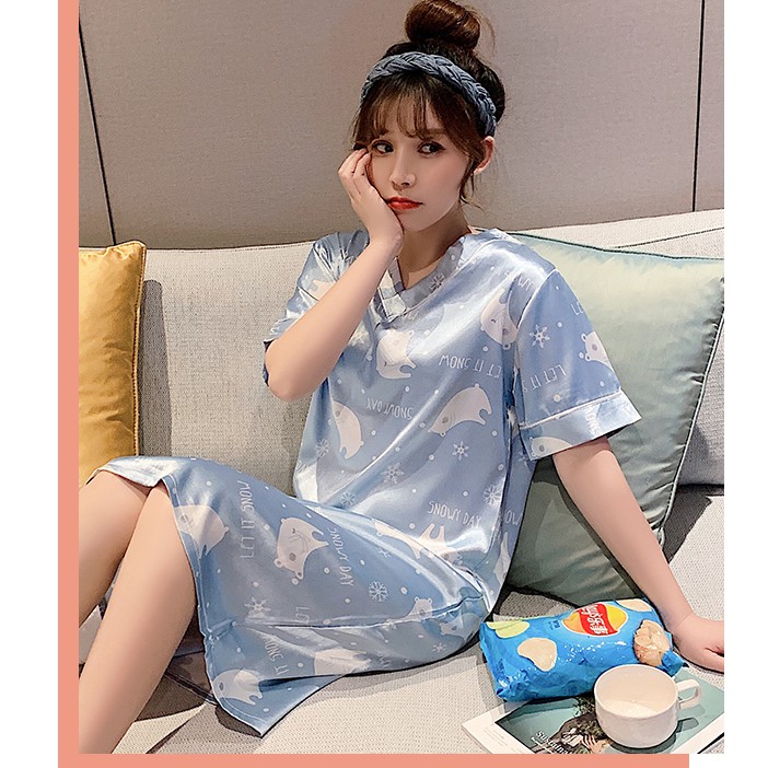 Đầm ngủ phi lụa tay ngắn mùa hè dễ thương , váy ngủ họa tiết dễ thương hàng Quảng Châu | BigBuy360 - bigbuy360.vn