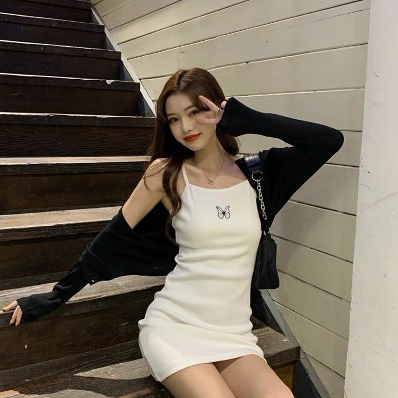 Váy 2 dây trắng bướm thun gân body ôm quyến rũ hàn quốc ulzzang | BigBuy360 - bigbuy360.vn