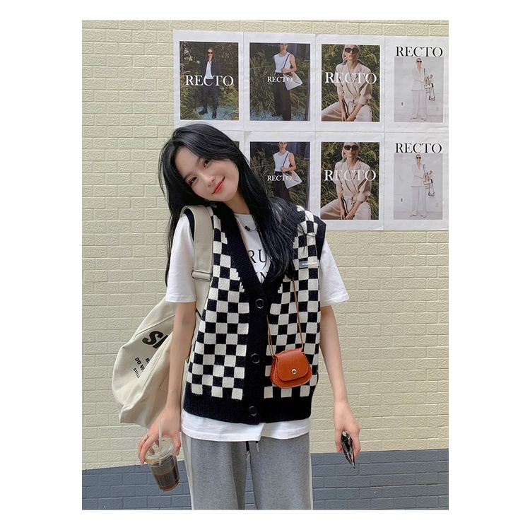 Áo khoác len không tay dáng rộng hoa văn kẻ ô dễ phối đồ thời trang hàn quốc