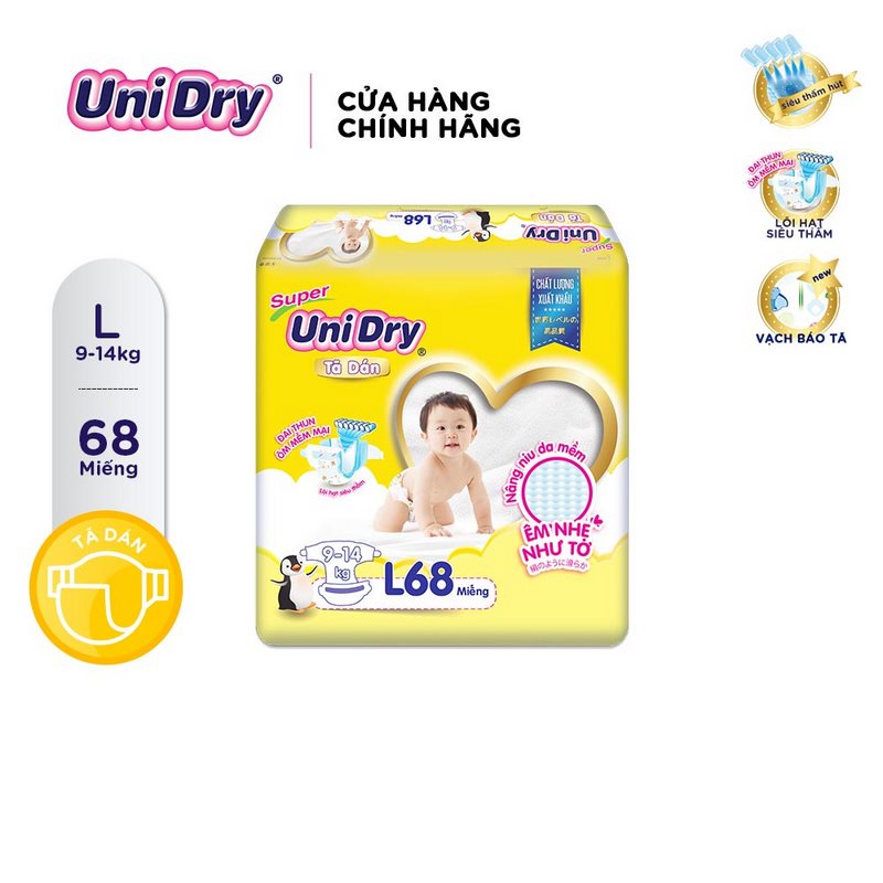 Tã dán UniDry Siêu khô thoáng gói Super Jumbo size M76/L68/XL62