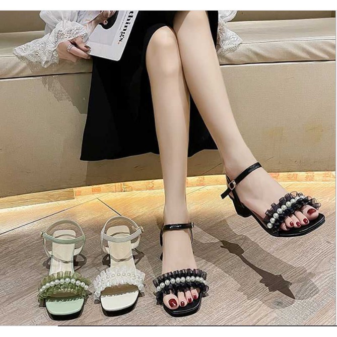Giày Sandal Nữ Công Sở Dự Tiệc Nơ Ren Nhúng Bèo Quai Ngang Phối Ngọc Gót Vuông Gót Cao 5cm