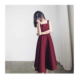 Váy hai dây/2 dây đỏ/đen maxi cổ vuông dáng xoè