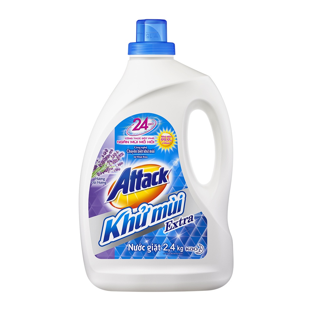 Nước giặt Attack Khử Mùi chai 2.4kg Hương Oải Hương tặng Nước tẩy quần áo Wide Haiter chai 600ml