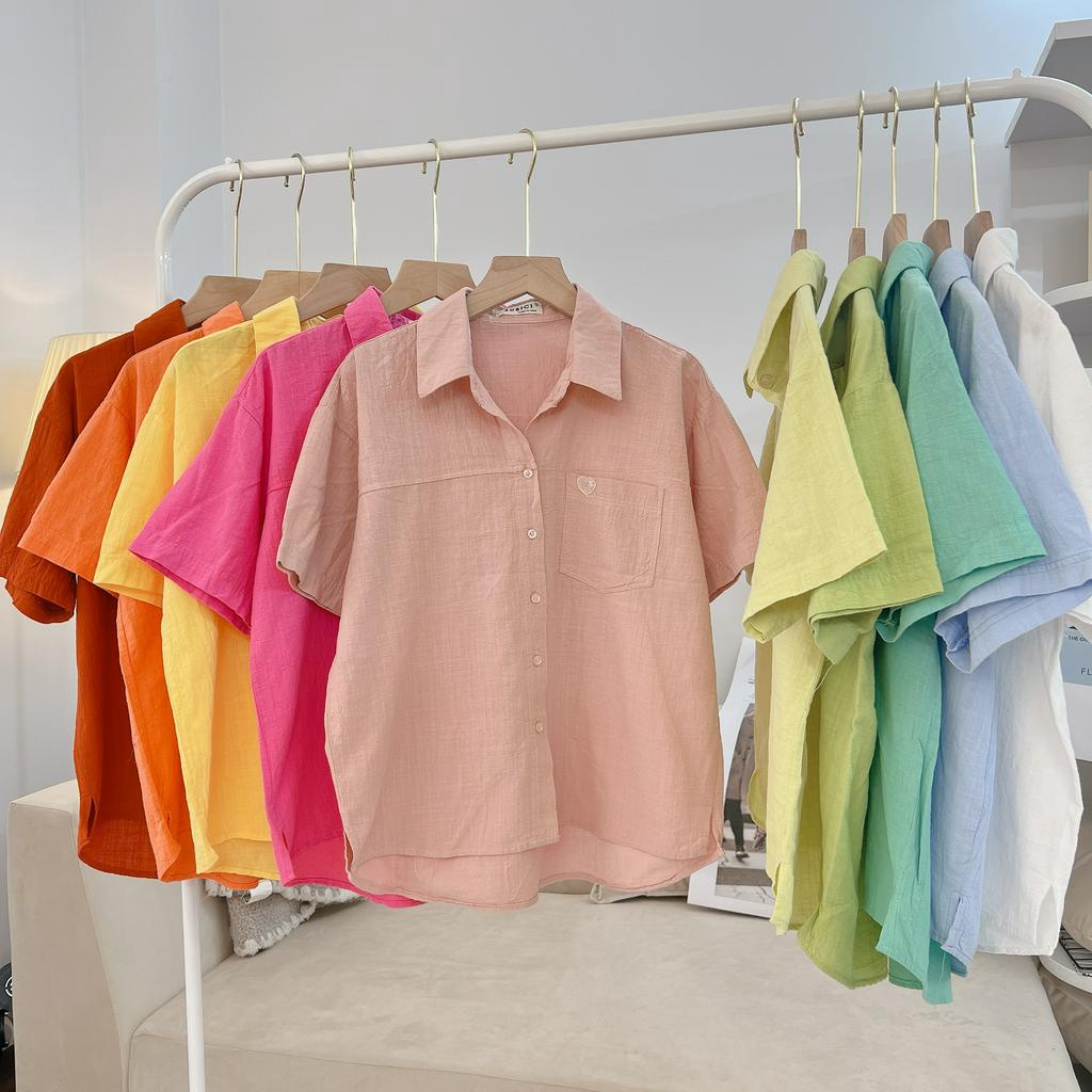 Áo Sơ Mi Nữ Tay Ngắn Nhiều Màu Phong Cách Hàn Quốc Thêu Trái Tim Cực Xinh Chất Liệu Linen Bột Nhẹ Mát SUBICI