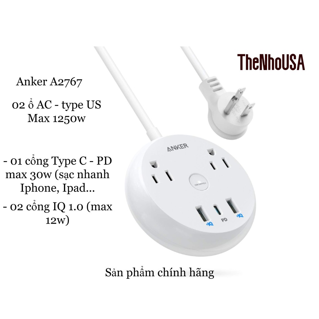 Ổ cắm Anker Powerstrip Pad - Type C PD 30w - 2 USB A (A2767)