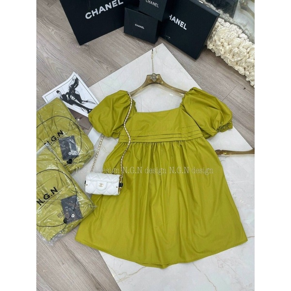 Đầm váy nữ baby doll hai màu cổ vuông cột nơ sau tay bí siêu hot Ng alohashop91