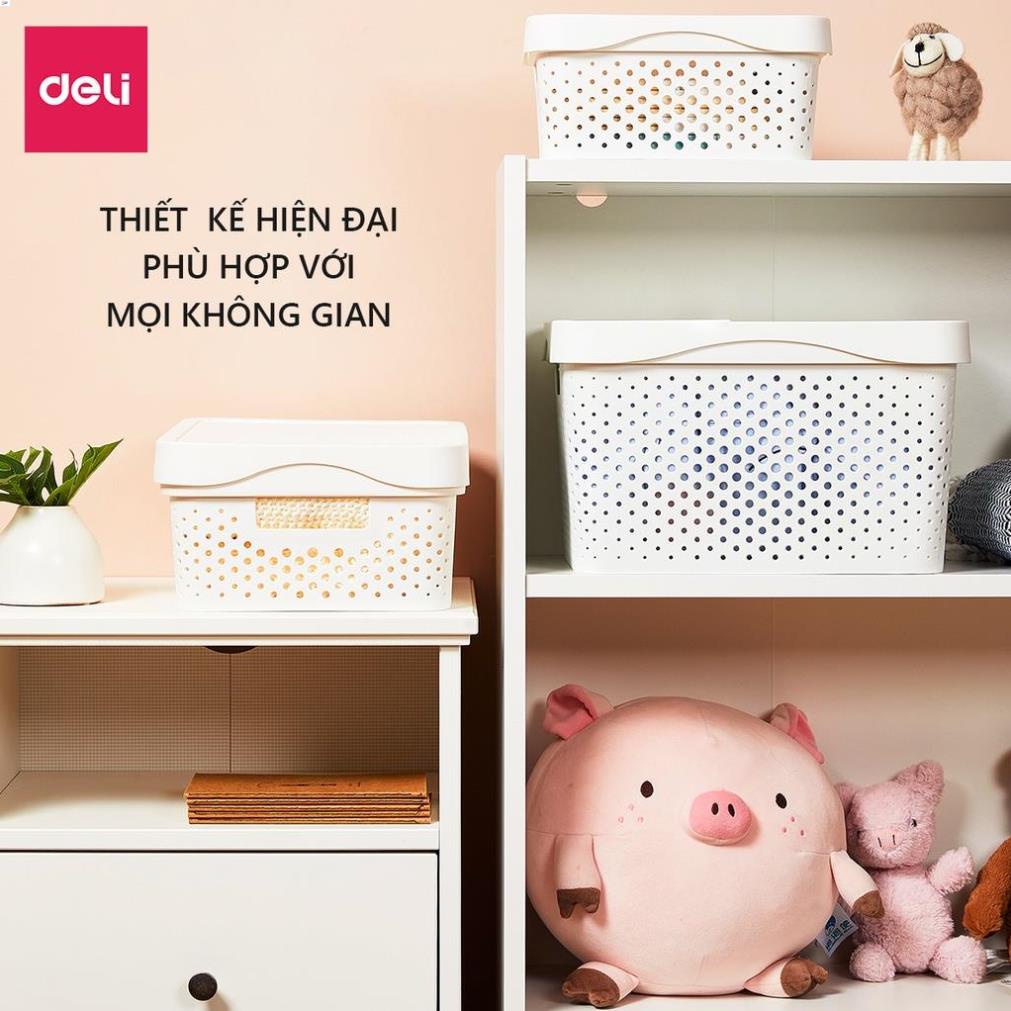 [Tặng sticker]Giỏ đựng đồ có nắp Deli - Cỡ siêu lớn, đa năng, nhựa cao cấp, có tay cầm, nắp đậy, phong cách Nhật đơn giả