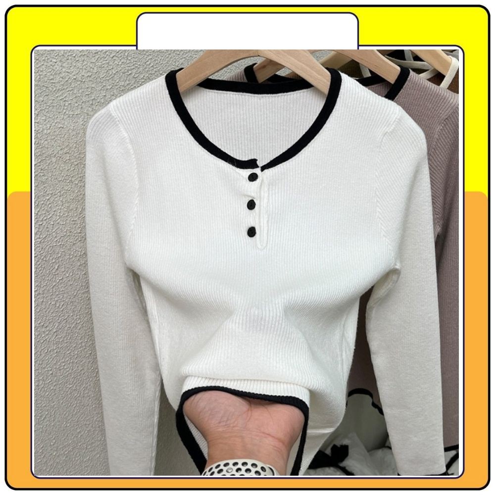 Áo sweater tay dài cổ tròn body nữ, áo len cúc nhiều màu nữ thời trang Queenshop