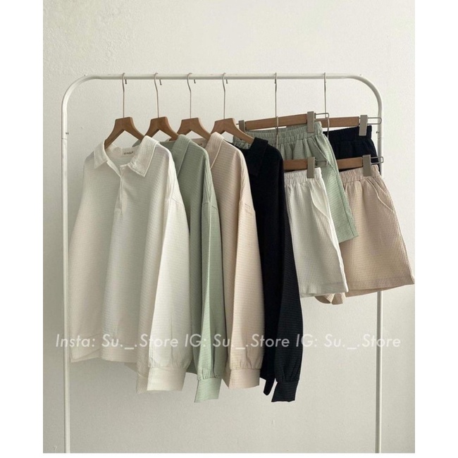 Set nỉ xốp áo cổ đức quần sooc đồng màu POLI