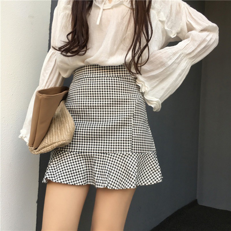 New women's fresh plaid bag hip high waist ruffle fishtail skirt