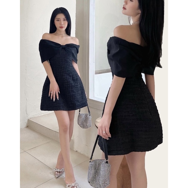Đầm bẹt vai công chúa sang chảnh phối nơ xốp voan thiết kế - IMUS