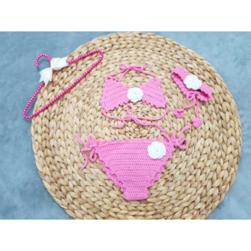 Bikini Móc Len Hồng Họa Tiết Đơn Giản Cho Bé