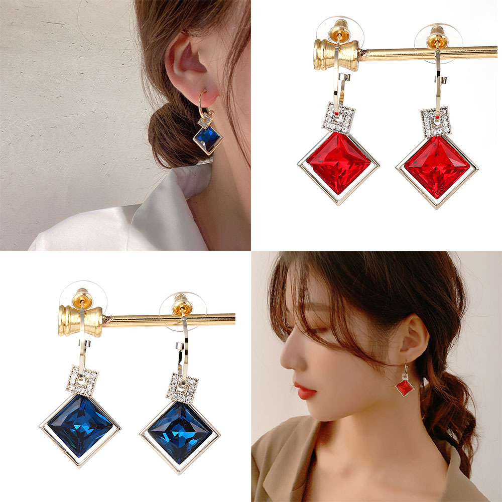 Bông Tai Mạ Bạc 925 Hình Vuông Đính Đá Đơn Giản Phong Cách Hàn Quốc
