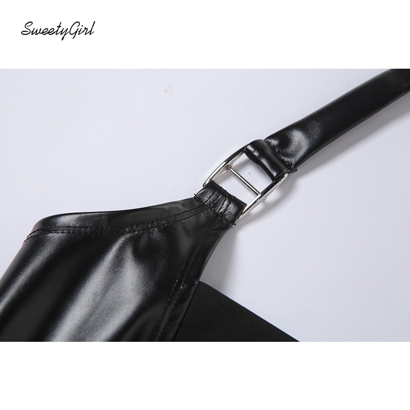 Áo da ba lỗ màu trơn dáng ôm hở lưng phối khóa kéo gợi cảm cá tính cho nữ