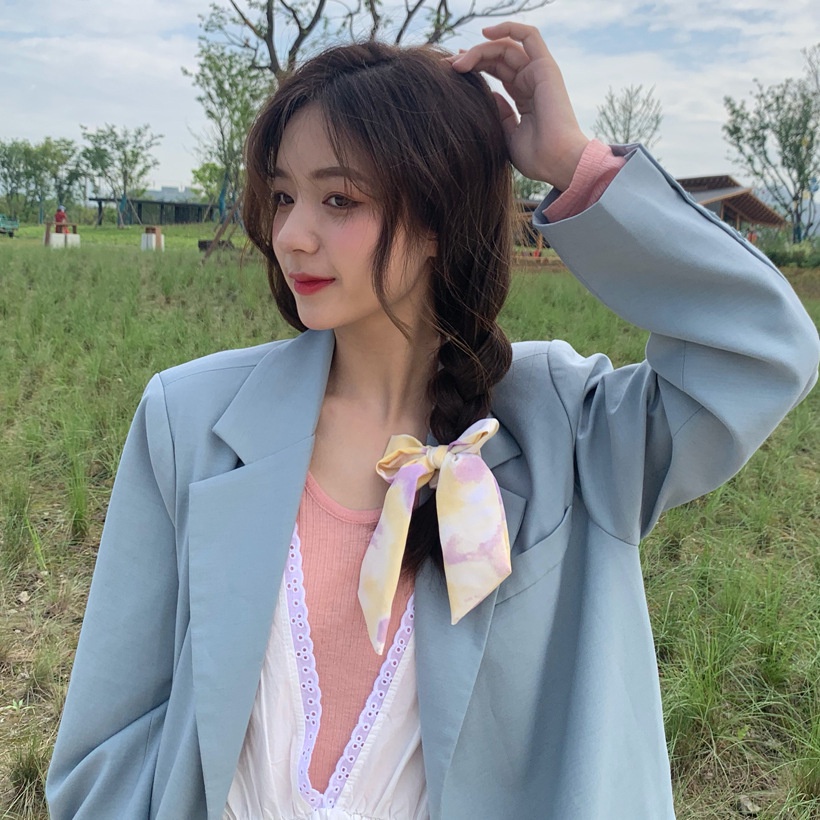 Dây cột tóc phối ruy băng thắt nơ hình bướm màu kiểu tranh sơn dầu cho nữ